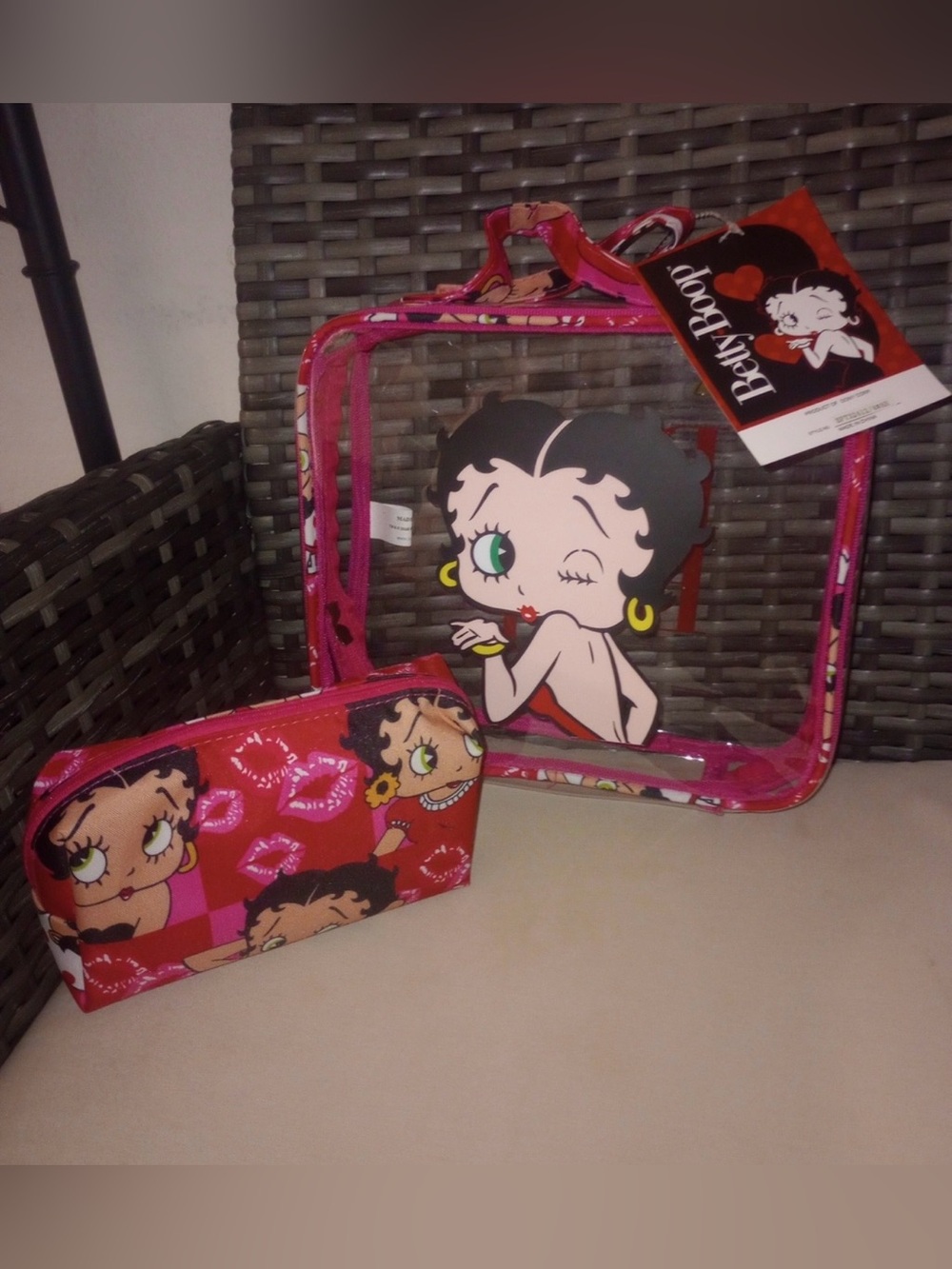 Betty Boop Pink Clear Travel Case with Matching Pink Cosmetic Pouch, NWT!!